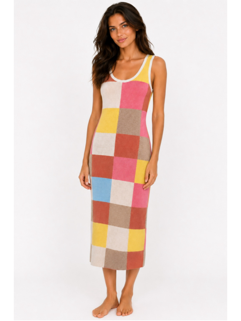 Andrée by Unit Colorblock Knit Midi Dress Pink Yellow Checkerboard Buttery Soft